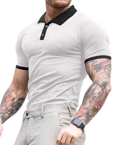 Image of Lehmanlin Men's Muscle Polo Shirts Short Sleeve Casual T- Shirts Slim Fit Stretch Ribbed Golf Tops（White+Black Collar - XS）