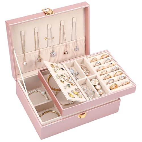 Image of Voova Jewellery Box Organiser for Women Girls, 2 Layers Large Jewelry Storage Case, PU Leather jewlerrying Display Holder with Removable Tray for Necklace Earrings Rings Bracelets, Rose Gold