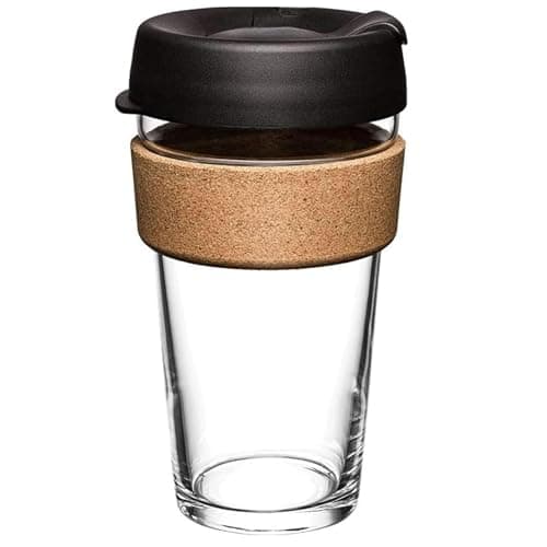 Image of Reusable Glass Coffee Cup/Travel Mug with Lid - Heat Resistant Sleeve Surround Eco Friendly with Plugged Removable Soft Silicone Lid (Black 470ML Cork)