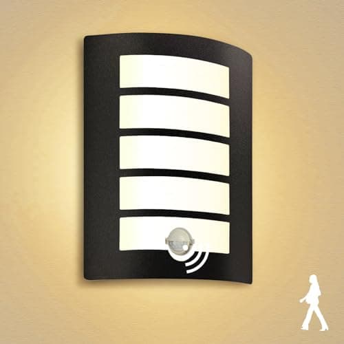 Image of Allesgute Outdoor Wall Lights with PIR Motion Sensor, Curved Outside Lights Mains Powered Black IP44 Waterproof Wall Lamp Incl.E27 LED Bulbs 12W Warm White for Front Door Porch Stairway