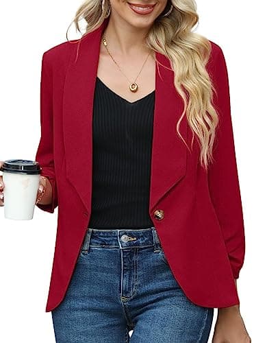 Image of PrinStory Womens Blazer Suit Open Front Cardigan 3/4 Ruched Sleeve Casual Work Office Blazer Jacket For Ladies (Red, 18-20)