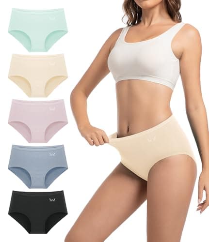 Image of PULIOU Womens Knickers Ladies High Waisted Cotton Underwear Panties Briefs Full Back Coverage Comfy Stretchy Slight Tummy Contorl Multipack of 5