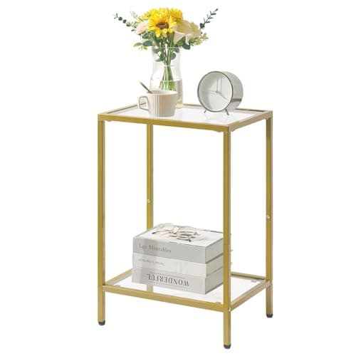 Image of YMYNY Gold Side Table, 2 Tier Sofa End Table, Bedside Tables with Tempered Glass, Coffee Table for Living Room, Bedroom, Home Office, Industrial Style 38×28×56CM HGD002G