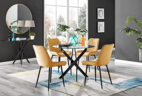 Image of Furniturebox UK Novara Black Leg Round Glass Dining Table & 4 Mustard Pesaro Black Leg Chairs