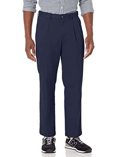 Image of Amazon Essentials Men's Classic-Fit Wrinkle-Resistant Pleated Chino Trousers (Available in Big and Tall), Navy, 46W / 30L