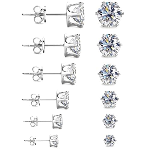 Image of RENKE6 Pairs Stainless Steel Stud Earrings for Women Men, Hypoallergenic Silver Tone Cubic Zirconia Ear Studs Set, Round Clear CZ Piercing Jewellery Gifts (Size 3mm 4mm 5mm 6mm 7mm 8mm)