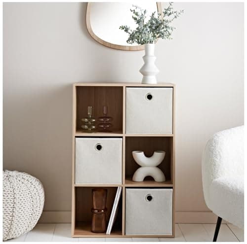 Image of Homme Concept – 6 Cube Storage with 3 baskets, Oak Living Room Bookcases and Shelving Unit, Kids Bookcases, Free Standing Wooden Bookcase, Storage Organiser, BookShelf.