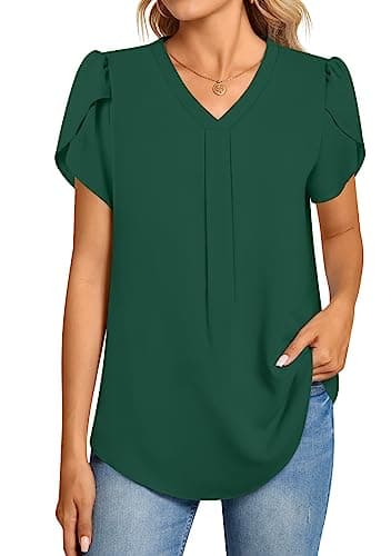 Image of Aodemo Women Summer Dressy Chiffon Blouse Petal Short Sleeve V Neck Tunic Tops Office Casual T-Shirt M, Dark Green