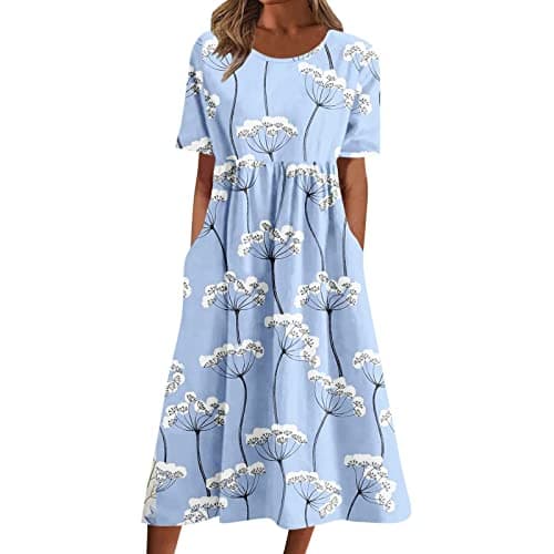 Image of Generic Women's Maxi Dress - Blue Floral Print, Size XXL, Round Neck, Short Sleeve, Loose Fit, Adult Women, Casual, Dress
