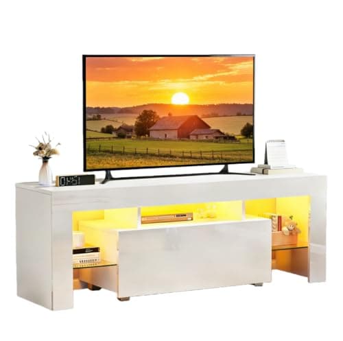 Image of Redd Royal 130cm TV Stand Cabinet White High Gloss with Led Light for 32"-65" TV, Modern TV Unit Entertainment Center Cabinet with Large Storage Drawer Glass Shelves for Living Room Bedroom (White)