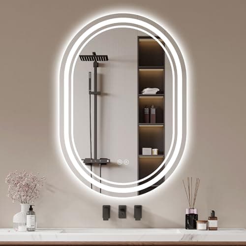 Image of Oval Bathroom Mirror with LED Light: 50×70cm Illuminated Wall Mounted Smart Mirror with Anti-Fog, Touch Sensor, 3 Colors Dimmable, Memory Function, IP44 LED-Bathroom-Mirror Horizontal/Vertical
