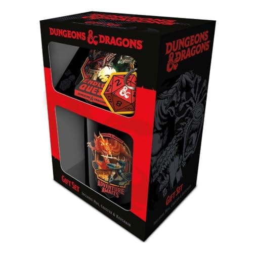 Image of Dungeons and Dragons Gift Set (Modern Retro Design) 11oz Ceramic Coffee Mug, Coaster & Keyring in Presentation Gift Box - Official Merchandise