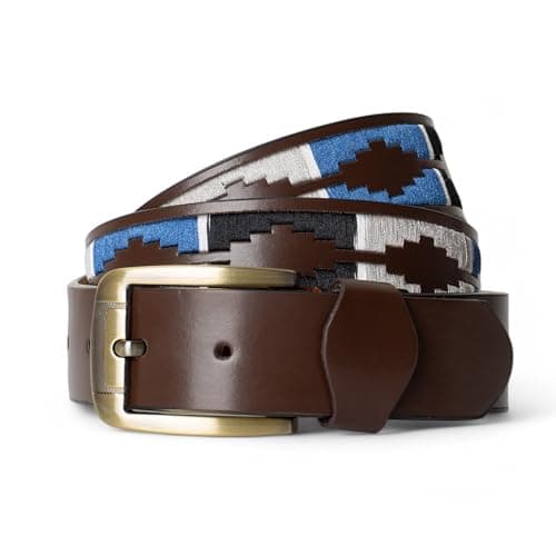 Image of Winston Hide Leather Belts for Men, Brown and Black Embroidered Designer Mens Belt, Genuine Leather Brown Polo Belt with Classy Colourful Stitching for Mens (Navy, Medium (32"-35"))