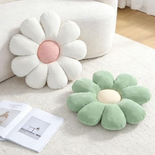 Image of XPJBKC Flower Pillow, 2 Pcs Cute Flower Cushion Floor Pillow, 38 cm Soft Daisy Floor Cushion, Petal floor pillow Aesthetic Room Decor for Bedroom Sofa Chair (Green+White)