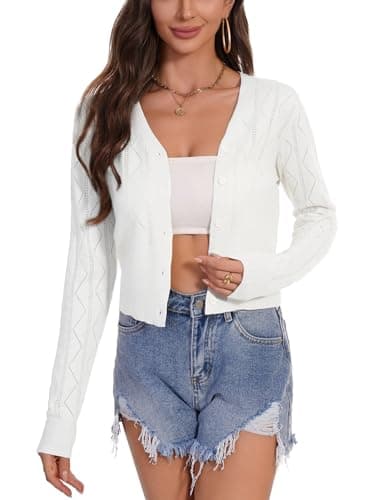 Image of Totatuit Women's V Neck Cropped Cardigan Sweater Long Sleeve Open Front Knit Cardigan White M