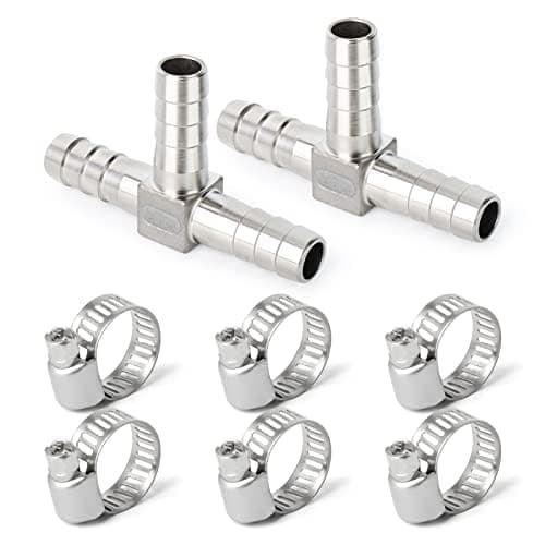 Image of ERGAOBOY 2 Pcs 10MM Stainless Steel Hose Nozzle T Piece, 3 Way T Shaped SUS 304 Hose Fitting with 6 Clamps