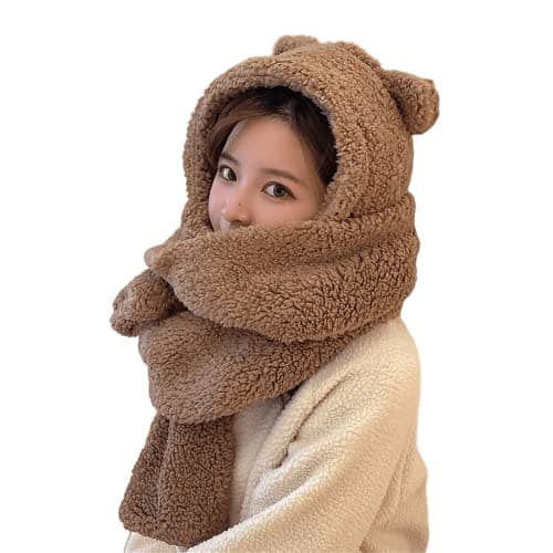 Image of 2 in 1 Bear Ears Beanie Hat for Women - Cute Winter Warm Sherpa Thick Fluffy Fleece Japanese Beanie Hat, 7-7 1/8