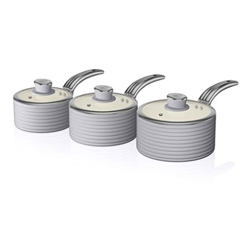 Image of Swan SWPS3020GRN Retro Induction Saucepan Set With Glass Lids, Non Stick Ceramic Coating, Easy to Clean, Grey, 3 Piece, 16/18/20 cm