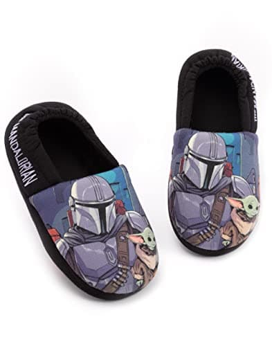Image of Star Wars The Mandalorian Slippers for Boys Kids Baby Yoda Character House Shoes Movie Merchandise for Him | Foam Slip On 2 UK Black