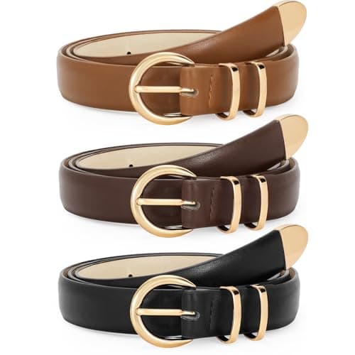 Image of WERFORU 3 Pack Women's Leather Belts for Jeans Dresses Fashion Gold Buckle Ladies Waist Belts Black/Brown/Coffee