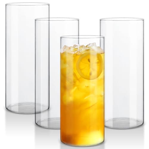 Image of Hioph Tall Drinking Glasses Set of 4, 14oz Glass Tumblers Lead Free, Clear Highball Mugs, Minimalist Tall Glasses for Milk, Iced Coffee, Cocktails and Lemonade, Dishwasher Safe