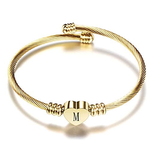 Image of LSxAB Initial M Letter Cuff Gold Bracelet for Women Heart Capital Name Stainless Steel Expandable Bangle Wristband Bracelets