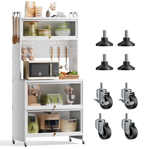 Image of Warmiehomy Kitchen Storage Cabinets, Pantry Cupboard with 5 Tiers Bakers Rack, Kitchen Shelves with Transparent Flip Door & 4 Rolling Wheels, 80x40x162cm, White