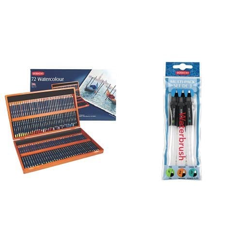 Image of Derwent Watercolour Pencils Wooden Box (Set of 72) with Derwent Waterbrush Multi-Pack (Pack of 3)