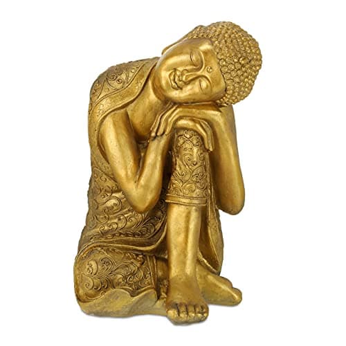 Image of Relaxdays Buddha statue, weather-resistant, head on knee Buddha ornament, zen garden sculpture, 40x37x61 cm (LxWxH) gold