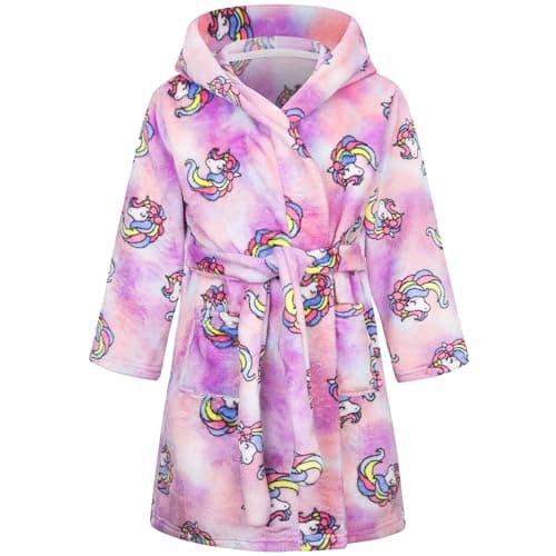 Image of FILOWA Dressing Gown Girls Kids Bathrobe Fluffy Hooded Robe Flannel Sleepwear Fleece Supersoft Warm Pajamas Cartoon Shower Robe Nightgown Housecoat for Toddler Children 6-7 Years, Purple