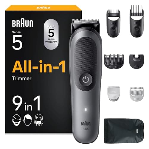 Image of Braun All-in-One Series 5 Grooming Kit, 9in1, Ultra Sharp Blade, 120 Min, SkinGuard for Body, Precise & Efficient Trim, AquaGrip for Under Water Use, AIO5545, Grey