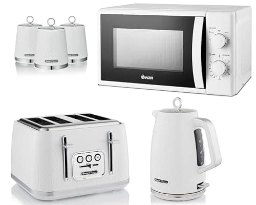 Image of Swan Elegance White 1.7L Kettle, 4 Slice Toaster and 3 Canisters - Premium Textured White Finish and Chrome Accents plus 700W 20L Microwave SM4420WHT. Contemporary Matching Kitchen Set of 6