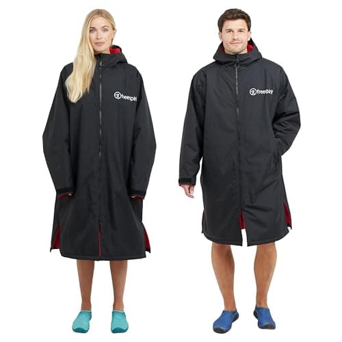 Image of FREESPIRIT Unisex Aquarobe Pro Waterproof Jacket with Hood, Fleece Lining & 2 Zipped Pockets for Adults, Oversized Changing & Dry Robe for Men & Women (UK, Alpha, L, XL, Regular, Regular, Black)