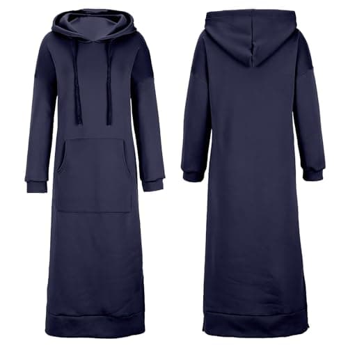 Image of amropi Women's Maxi Long Sweatshirt Dress Top Hooded Pullover Long Sleeve Hoodie Dark Blue,M