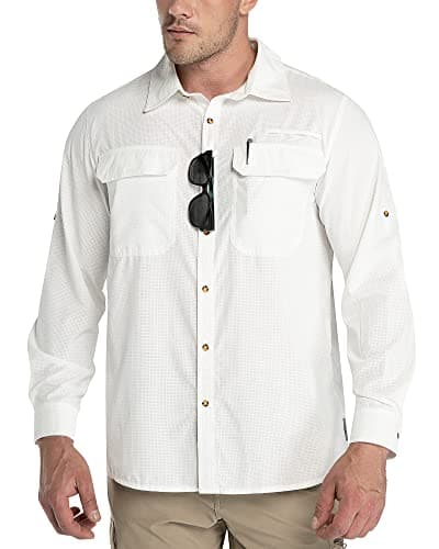 Image of Outdoor Ventures Men's Long Sleeve Shirts UV Protection Outdoor Shirts Breathable Button-Down Shirt Wicking Quick Drying Safari Shirt with Pockets for Hiking Fishing Golfing, White, 3XL
