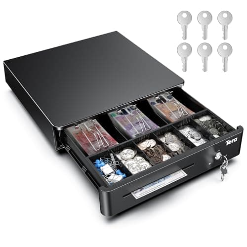 Image of Tera 13" Cash Register Drawer Box with 6 keys 3 Bill 6 Coin Cash Tray 35.6 x 33 x 9 cm for Point of Sale (POS) System Removable Coin Compartment 12V RJ12 Key-Lock Media Slot for Stores Businesses 330R