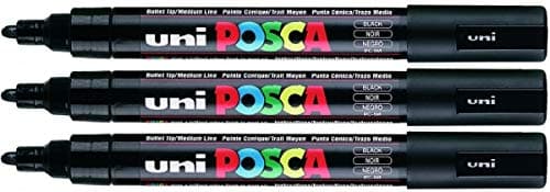 Image of Posca PC-5M Black Colour Paint Marker Pens 2.5mm Medium Bullet Tip Nib Writes On Any Surface Glass Metal Wood Plastic Fabric (Pack Of 3)