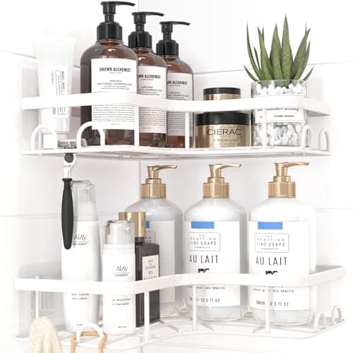 Image of Kitsure Corner Shower Caddy - 2 Pack Rustproof Shower Organizer, Durable Shelf with Large Capacity, Drill-Free Adhesive Bathroom Shelves with 4 Movable Hooks, Large, White