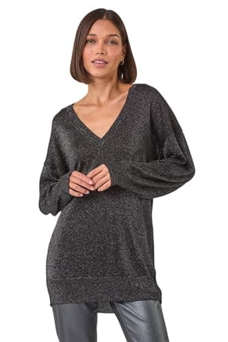 Image of Roman V-Neck Jumper for Women UK Ladies Boyfriend Fit Slouch Sweater Winter Autumn Textured Casual Flattering Knit Pullover Knitwear Daywear Lightweight Lounge - Plain Black - Size 14