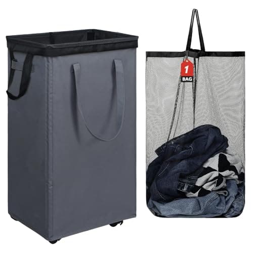 Image of DOKEHOM 90L X-Large Laundry Basket with Removable Wash Bag on Wheels, Collapsible Rolling Laundry Hamper, Foldable Clothes Organizer, Folding Washing Bin (Grey)