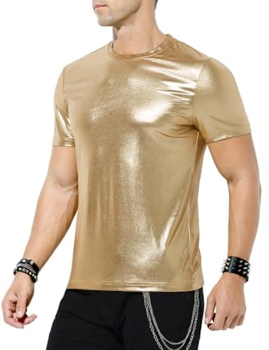 Image of Casey Kevin Mens Metallic T-Shirts 70s Disco Outfits for Mens Holographic Short Sleeve Shiny Tops,Gold-M