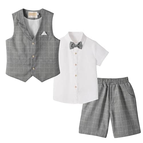 Image of LOLANTA 4PCS Page Boy Suits Wedding, Kids Summer Short Suit Set, Ceremony Christening Partywear, Waistcoat Shorts Shirt with Bowtie, 5-6 Years, Dark Grey, Tag 120