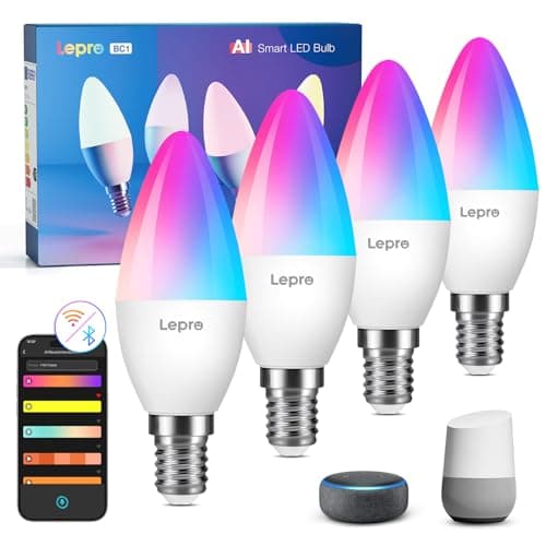 Image of Lepro AI Smart Bulb BC1, 4.9 W 470 LM Light Bulb, E14 Dimmable, Personalised AI Light Designer, RGB+CCT, Compatible with Alexa/Google, Voice Control/Music Sync, WiFi & Bluetooth, Pack of 4