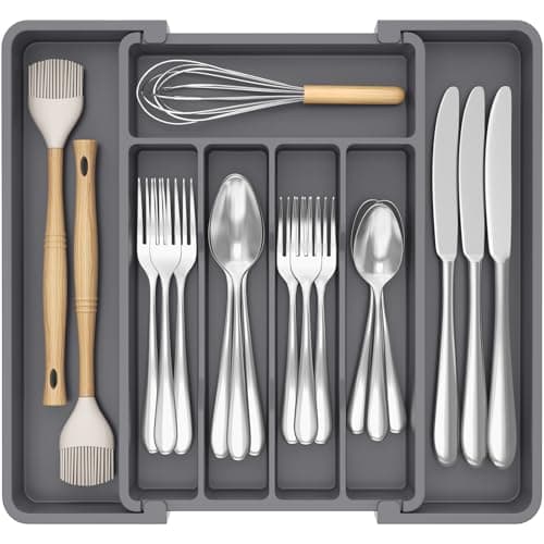 Image of Lifewit Cutlery Drawer Organiser, Extendable Cutlery Tray, 7 Compartments, Kitchen Drawer Organiser Utensil Spoons Forks Knives, Small, Dark Grey