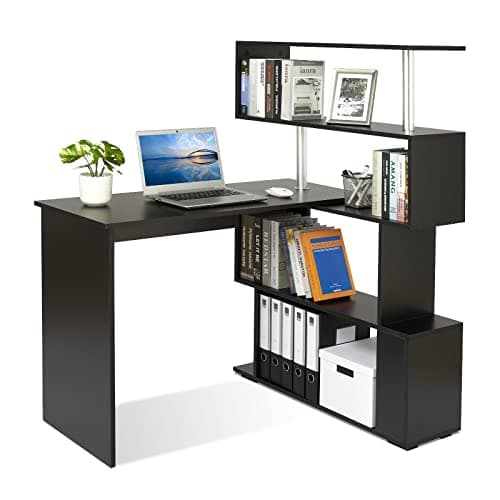 Image of Mondeer Computer Desk, Corner Desk with 4-Tier Storage Bookshelves Rotatable, Space Saving for Home Office Writing Workstation, Black