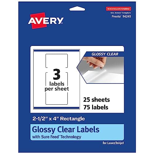 Image of Avery Glossy Clear Rectangle Labels with Sure Feed, 2.5" x 4", 75 Glossy Clear Labels, Print-to-The-Edge, Laser/Inkjet Printable Labels
