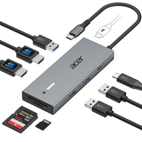 Image of acer USB C Docking Station Dual HDMI, 9IN1 USB C Hub to HDMI 4K@60Hz, 3*USB-A, 1*Type-C 5Gbps, 100W PD, SD/TF Card Reader, Multiport for 2 Monitors, Dell, Chromebook, MacBook Air/Pro, Surface etc.