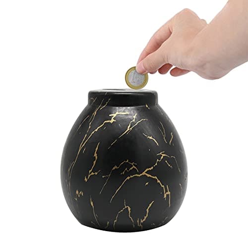 Image of Ram® Black Ceramic Money Pot Marble Effect Money Savings Coin Piggy Bank