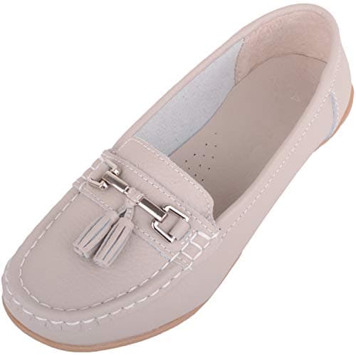 Image of ABSOLUTE FOOTWEAR Womens Slip On Wide Fit Leather Loafer Deck Boat Shoes, Tassel Detail, Smoke, UK 4 / EU 37