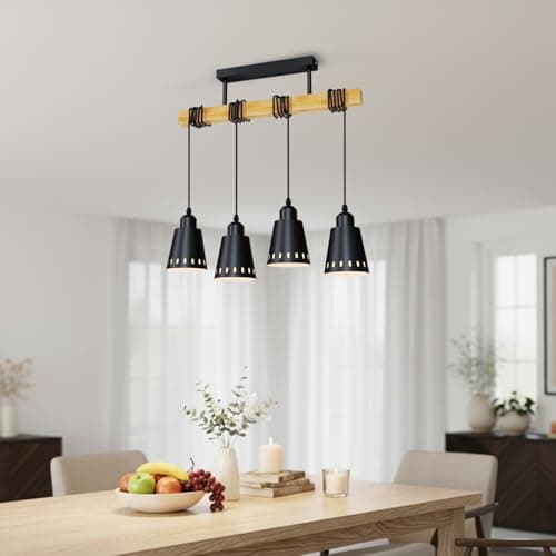 Image of LVWIT Black Hanging Lights,Kitchen Island Lights,Pendant Lighting,Wood Ceiling Light Fitting,4 Way Drop Lights Ceiling,Industrial Ceiling Lights for Lving and Dining Room(E27 Base,NO Bulbs)